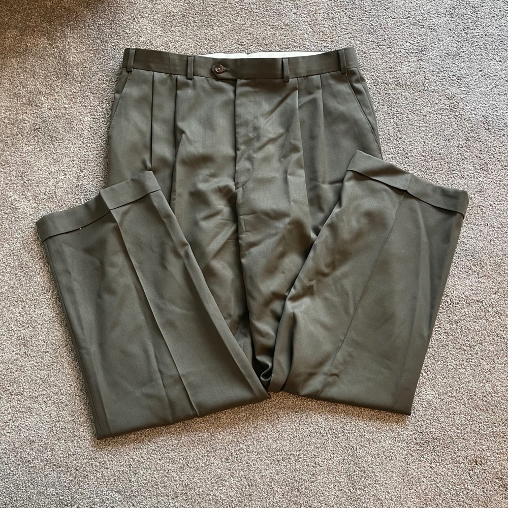 Mens Lauren Ralph Lauren Pleated Trousers 35x32 Olive Green Excellent Super 100s